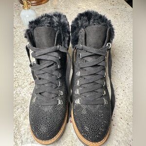 INC International Concepts Black Lace Up Black Sparklie Boots with Fur Trim